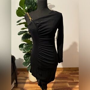 Donna Karan Black One-Shoulder Dress with Gold Accent